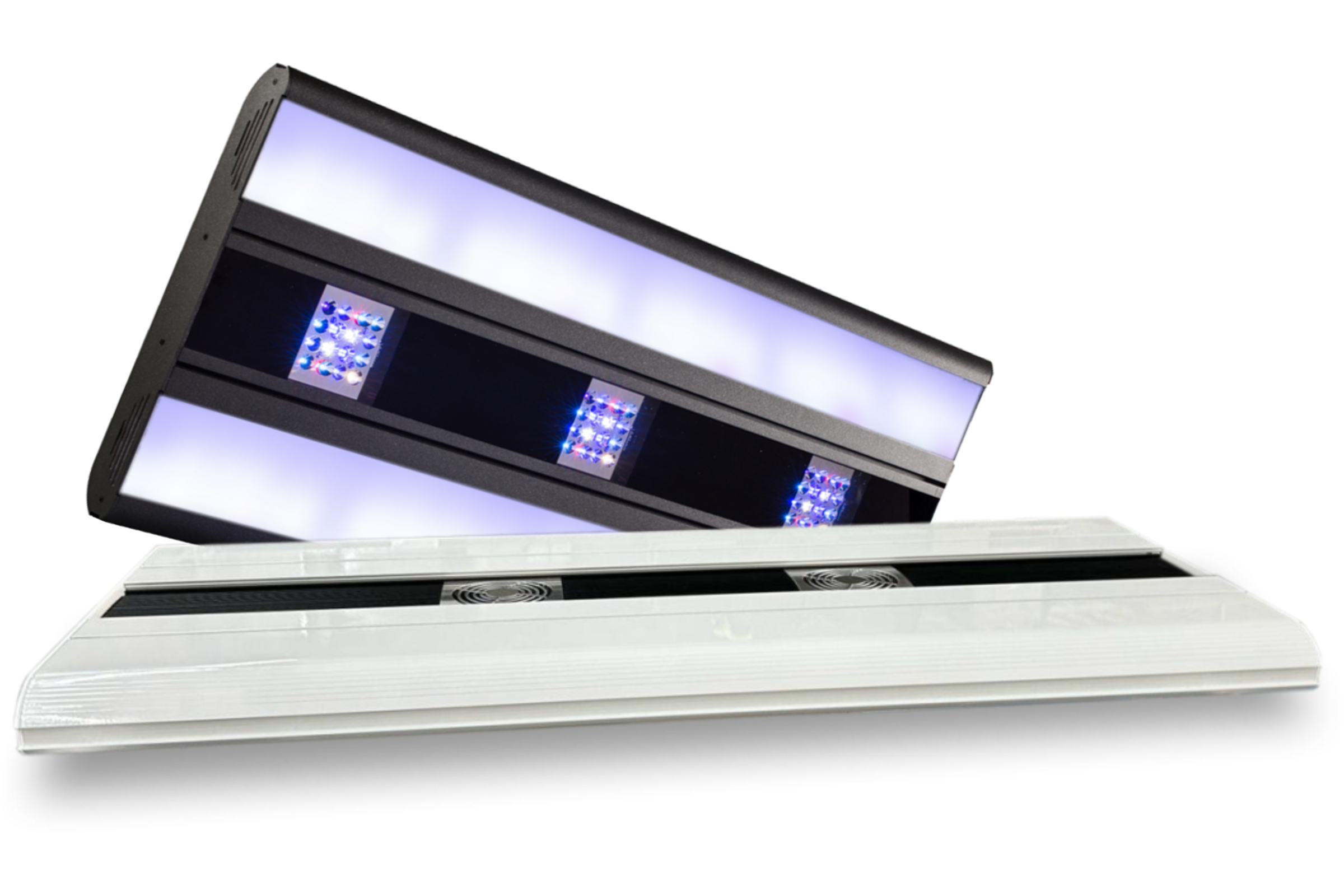 Zwei LED-Aquarienlampen mit blauen LEDs und Lüftern